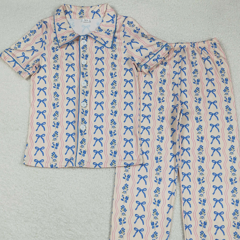 RTS NO MOQ （In stock）GSPO2051 Adult women's pajamas set Adult Women Blue Bows Flowers Stripe Button Top Pant Pajamas Set