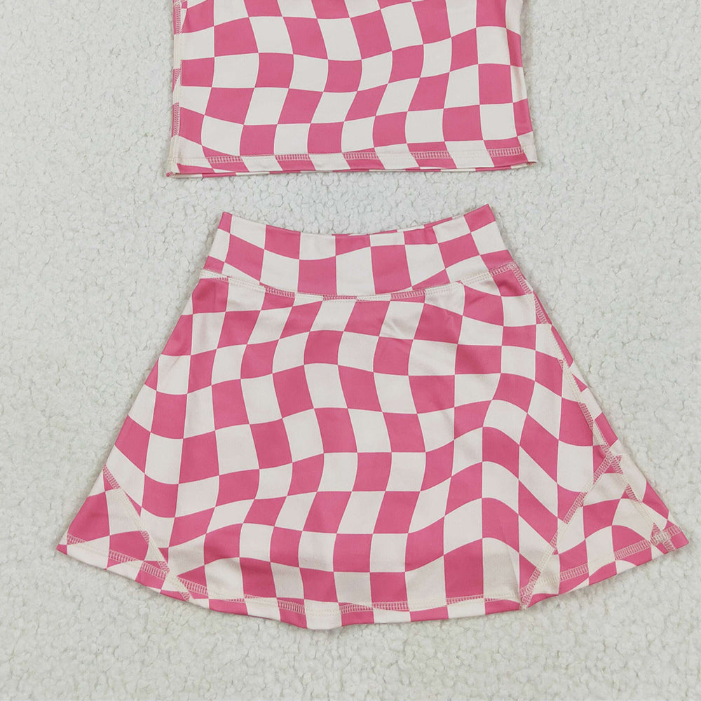 4.23 GSD2329 RTS NO MOQ Baby Girls Yoga Outfits Sleeveless pink plaid top skirt kids girls active wear set