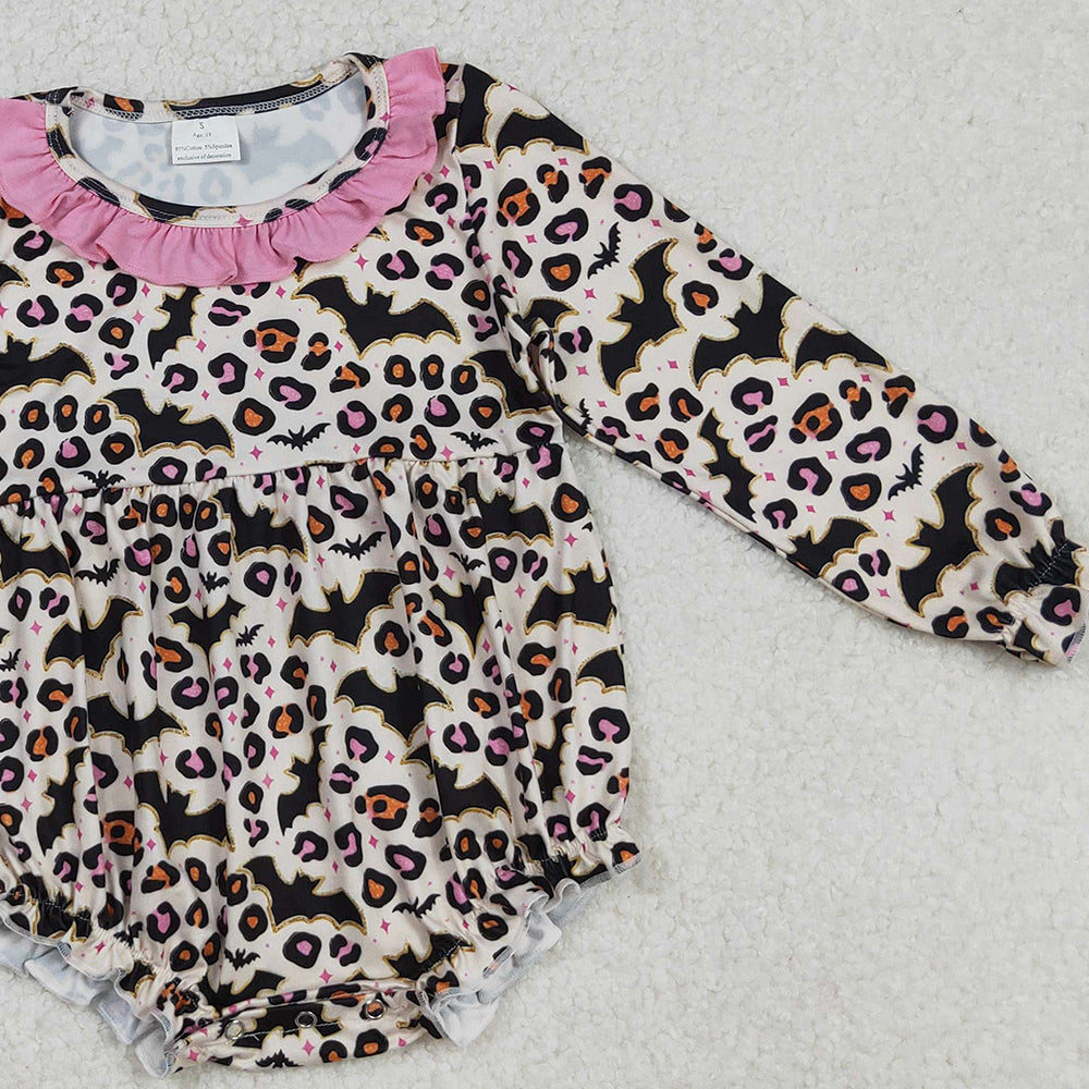 RTS NO MOQ （In stock）LR2473  Baby Girls Winter Rompers Halloween Costume Leopard Bats Ruffle Rompers