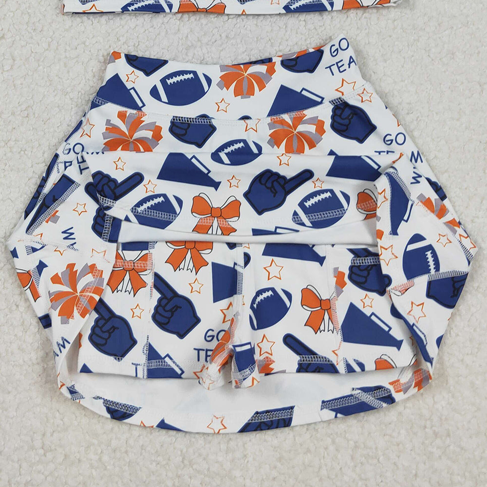 RTS NO MOQ （In stock）GSD2694 Baby Girls Yoga Sets Team Navy Footballs Yoga Sets Vest Top Short Skirts Fitness Clothing