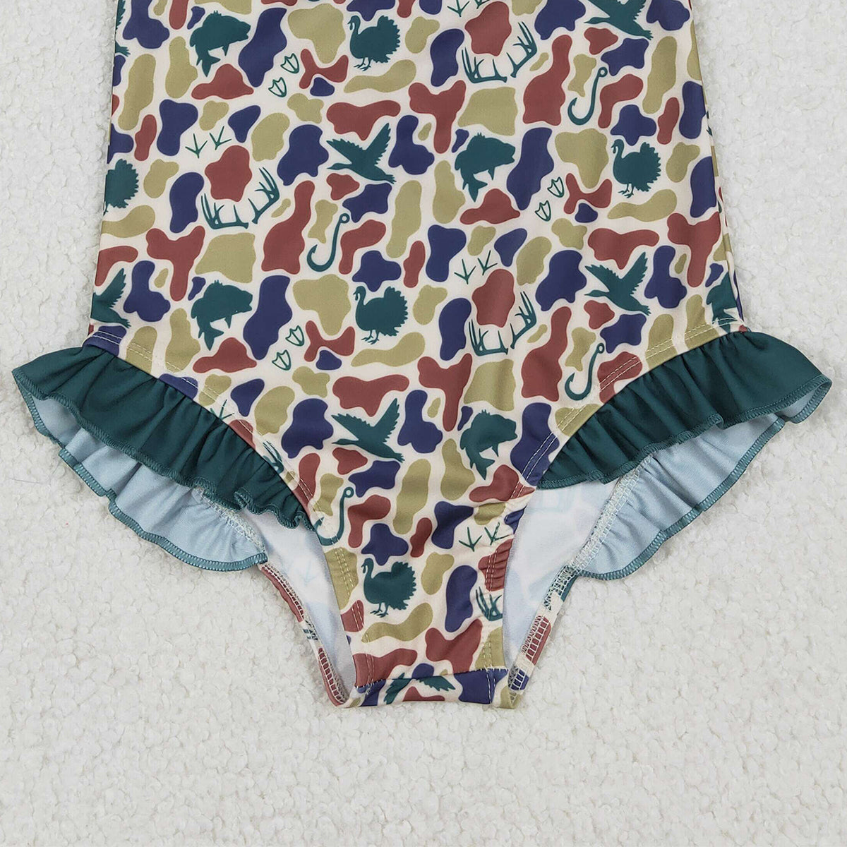 1.9 RTS NO MOQ （In stock）S0598 Baby Girls Dark Green Ducks Deer Camo Ruffle Swimsuits