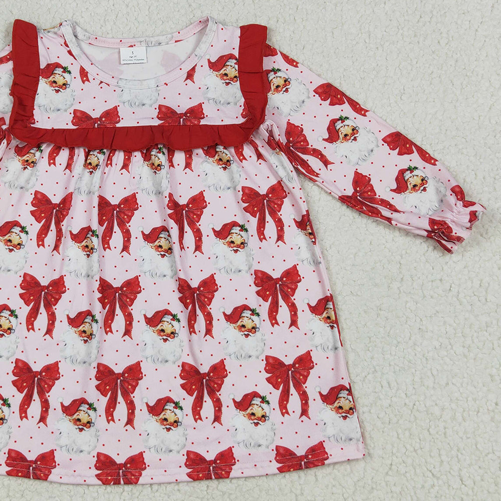 GLD1047RTS NO MOQ Baby Girls Winter Dress Baby Girls Long Ruffle Sleeves Red Santa Bows Knee Length Dresses