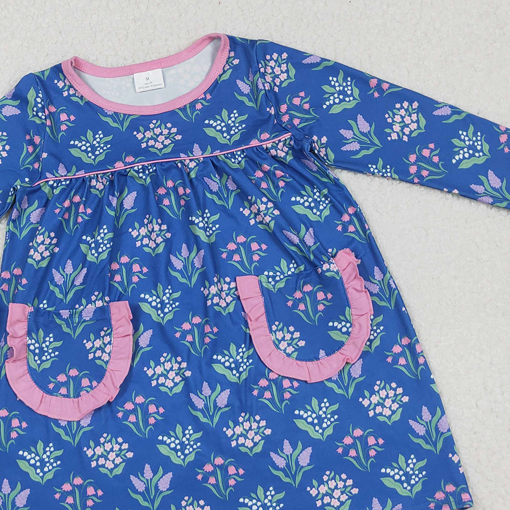 RTS NO MOQ （In stock）GLD1257 Baby Girls Winter Dress Knee-Length Dress with Blue Flowers And Pockets Cute Child's Fashion Outfit