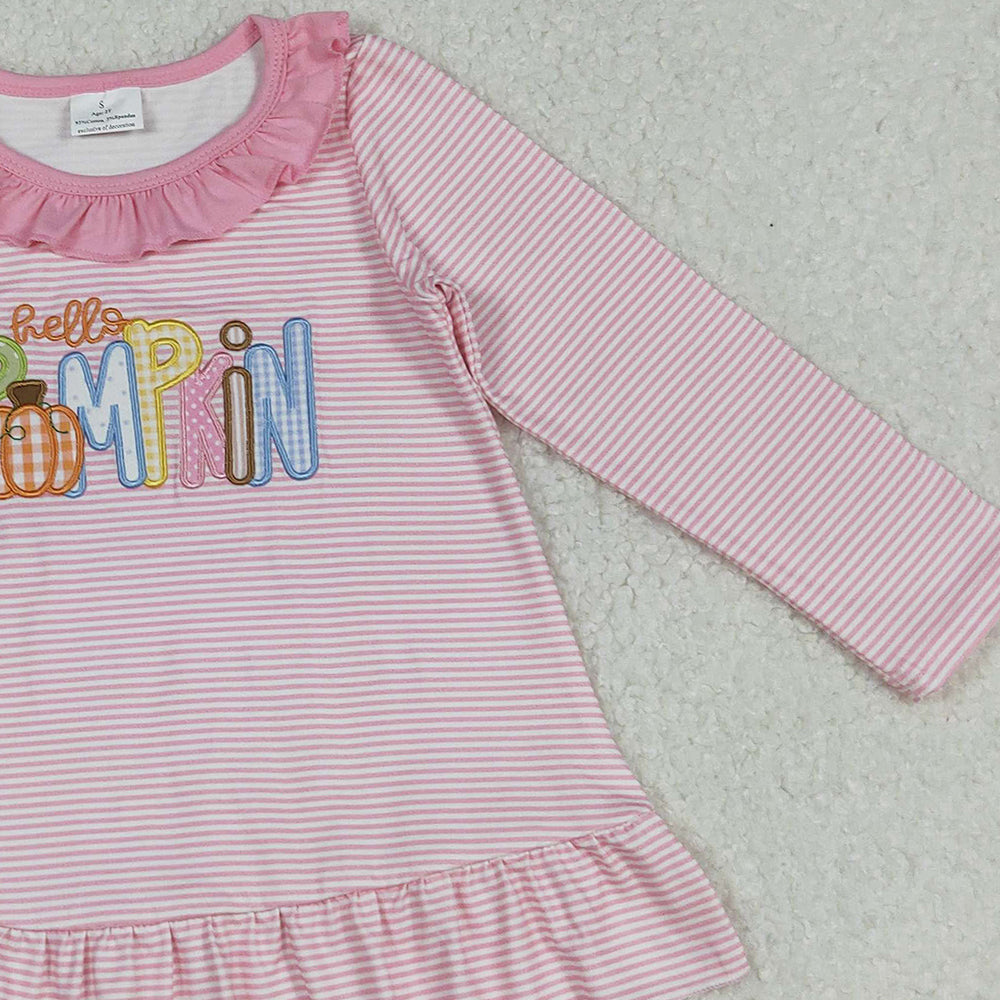 10.1 RTS NO MOQ （In stock）GT1183 Baby Girls Long Sleeve Tops Embroidery Pumpkins Baby Girls Pink Stripe Fall Tee Shirts Top