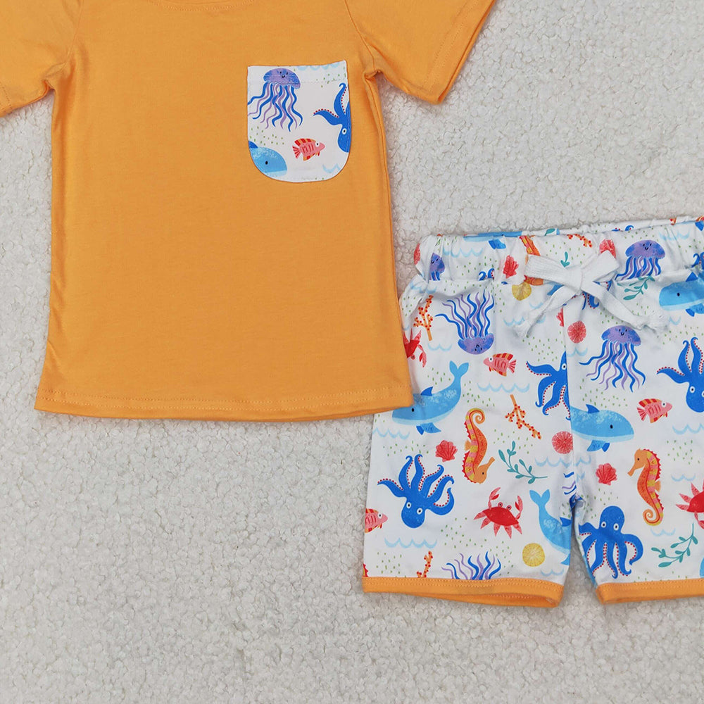 4.17 BSSO1299 RTS NO MOQ Baby Boys Orange Short Sleeves Pocket Top Sea World Short Set