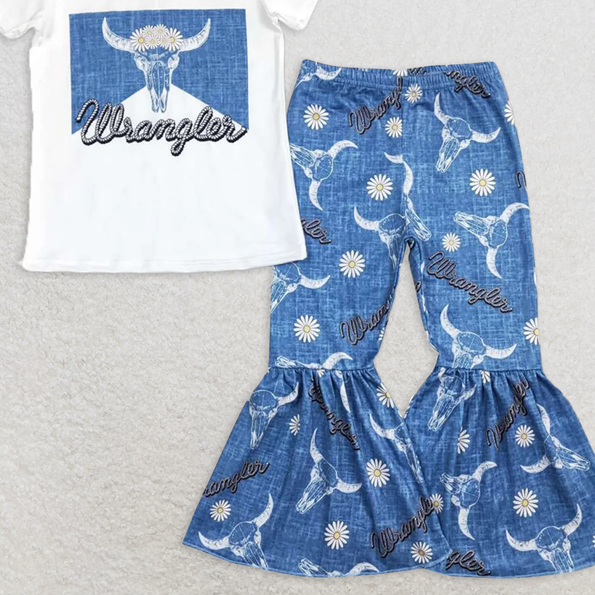 GSPO1287 RTS NO MOQ Baby Girls Spring Outfits Wrangler alpine bull head white short-sleeved floral blue trousers suit