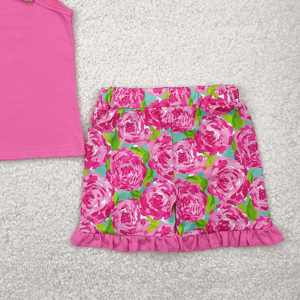 7.15 GSSO1605 RTS NO MOQ Baby Girls Summer Outfits Embroidered flower leaf bow rose red vest shorts set