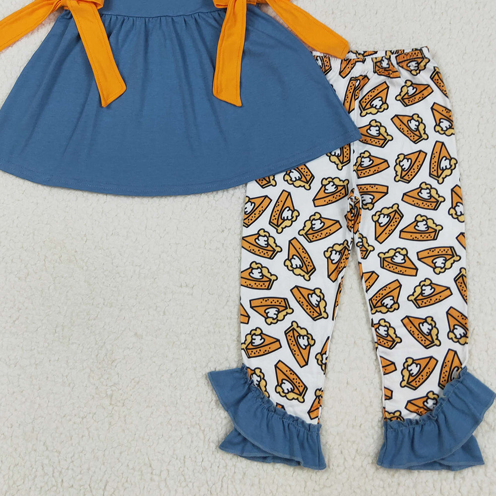 RTS NO MOQ （In stock） GSPO2028 Baby Girl Autumn Outfits Embroidery Baby Girls Navy Thanksgiving Turkey Tunic Ruffle Pants Sets