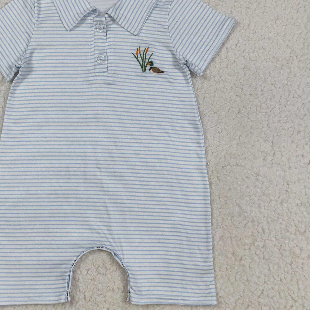 RTS NO MOQ （In stock）SR3149 Baby Boys Summer Rompers Embroidery Baby Boys Blue Stripe Short Sleeves Duck Button Shorts Rompers