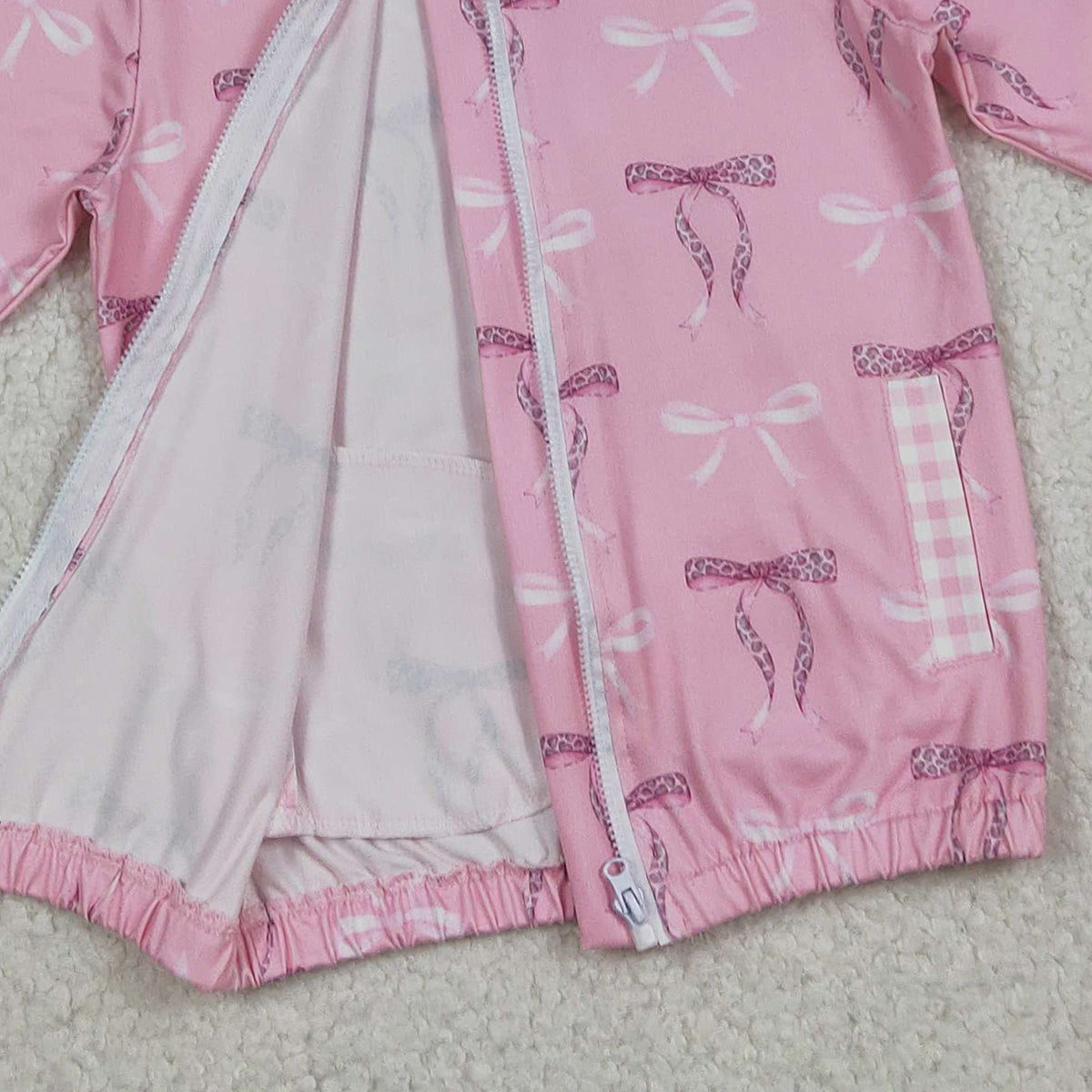 12.17 RTS NO MOQ （In stock）GT1217 Baby Girls Pink Bows Pocket Zipper Ruffle Hoodies Jackets Top