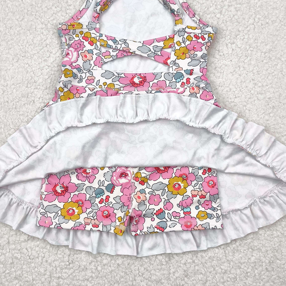4.11 GSD2278 RTS NO MOQ Baby Girls Summer Yoga Dress Straps pink floral ruffle kids girls athletic dresses