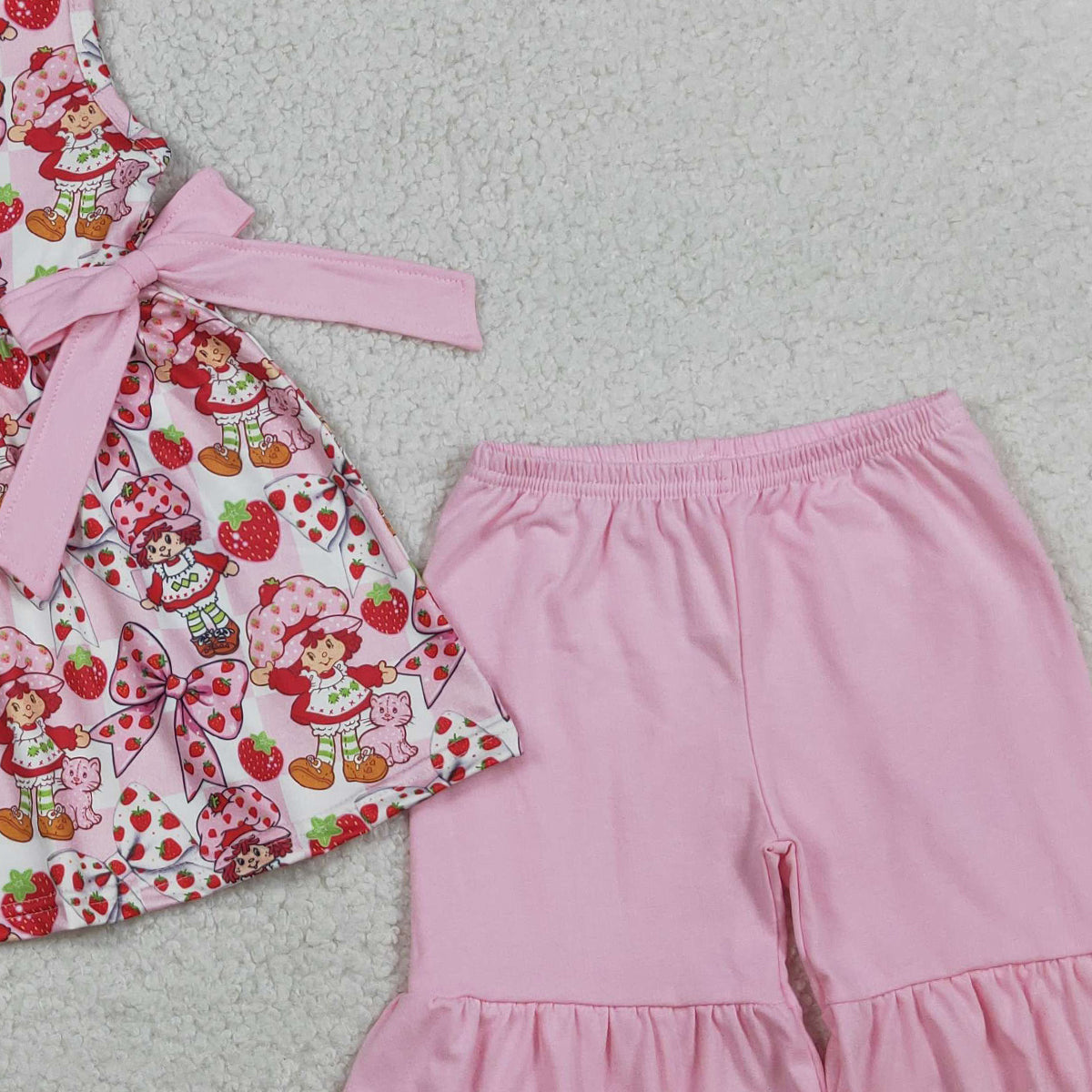 3.28 RTS NO MOQ （In stock）GSSO3104 Sleeveless strawberry bow tunic ruffle shorts girls outfits