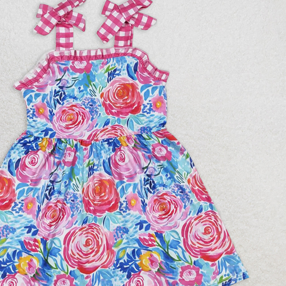 GSD0895RTS NO MOQ Baby Girls Summer Dress  Baby Girls Pink Flowers Straps Sibling Summer Dresses Rompers Clothes Sets