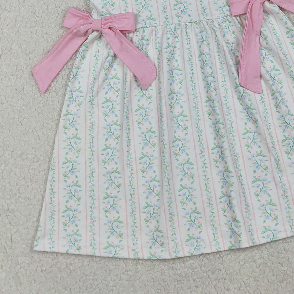 RTS NO MOQ （In stock）GSD2678  Baby Girls Summer Dress Pink Floral Stripe Bows Knee Length Dresses