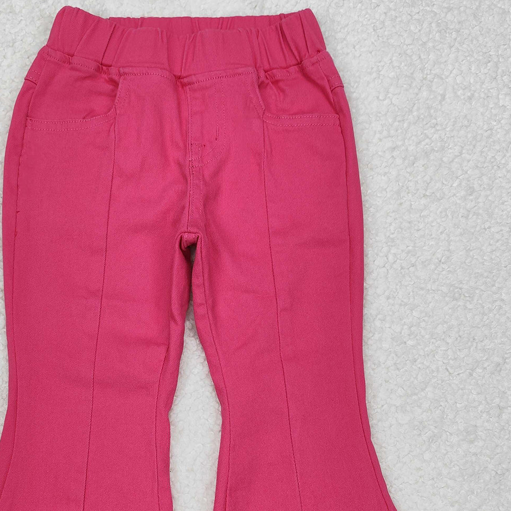 P0731 New Rts No Moq 8-9 Days By Air Arrived it Hot pink bow elastic waist kids girls flare jeans