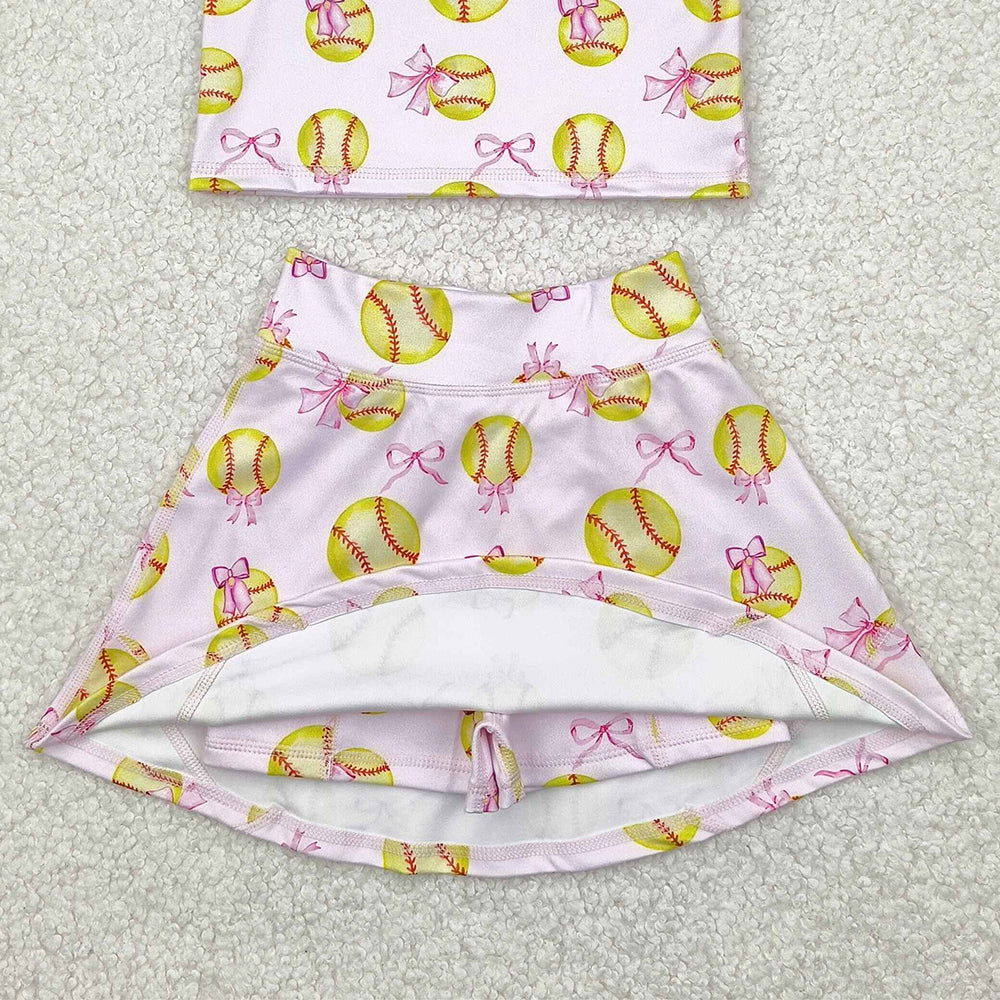 5.16  GSD2045 RTS NO MOQ Baby Girls Yoga Outfits Sleeveless softball bow top skirt girls active wear set