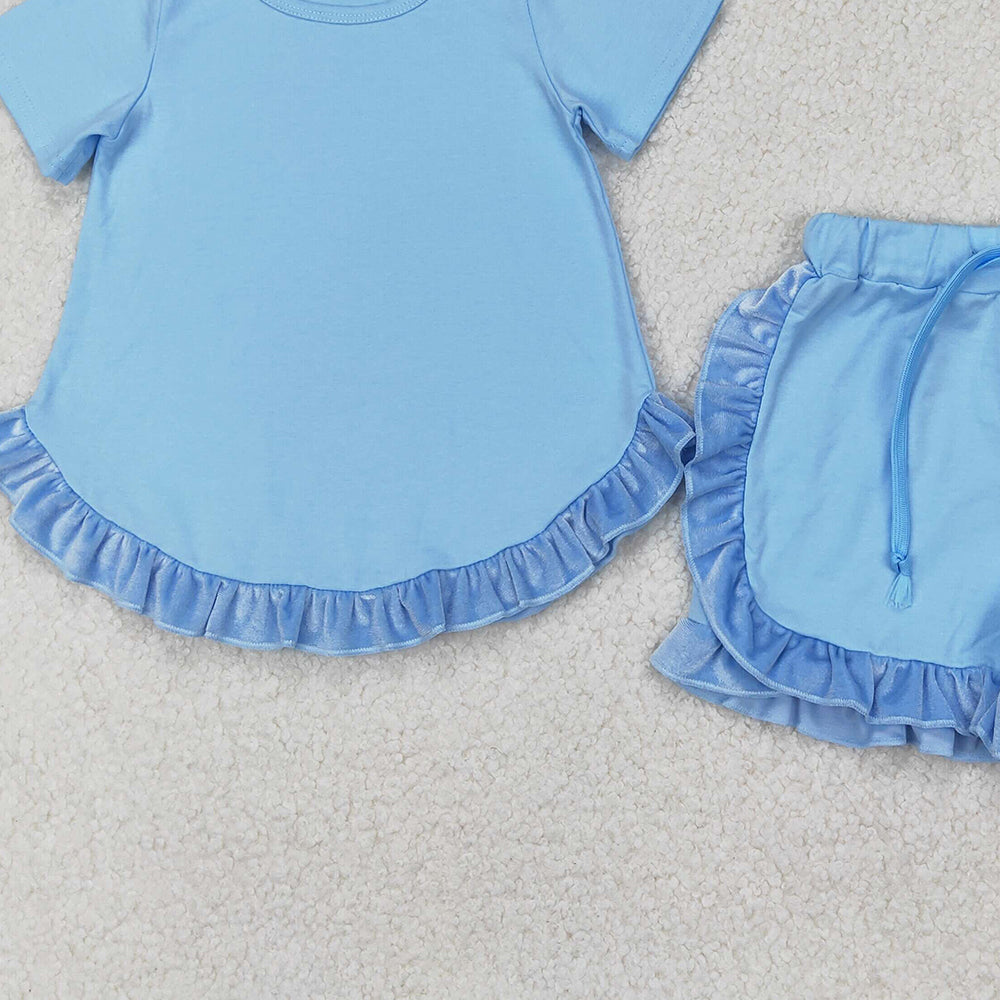 4.30 GSSO2183 RTS NO MOQ Baby Girls Blue Short Sleeves Tunic Ruffle Short Set