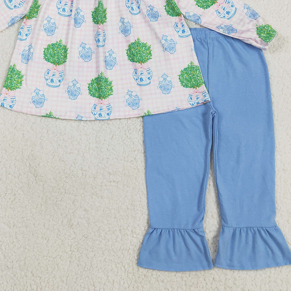RTS NO MOQ （In stock）GLP2396 Baby Girls Winter Outfits Baby Girls Pink Long Sleeves Plants Tunic Blue Ruffle Pants Sets