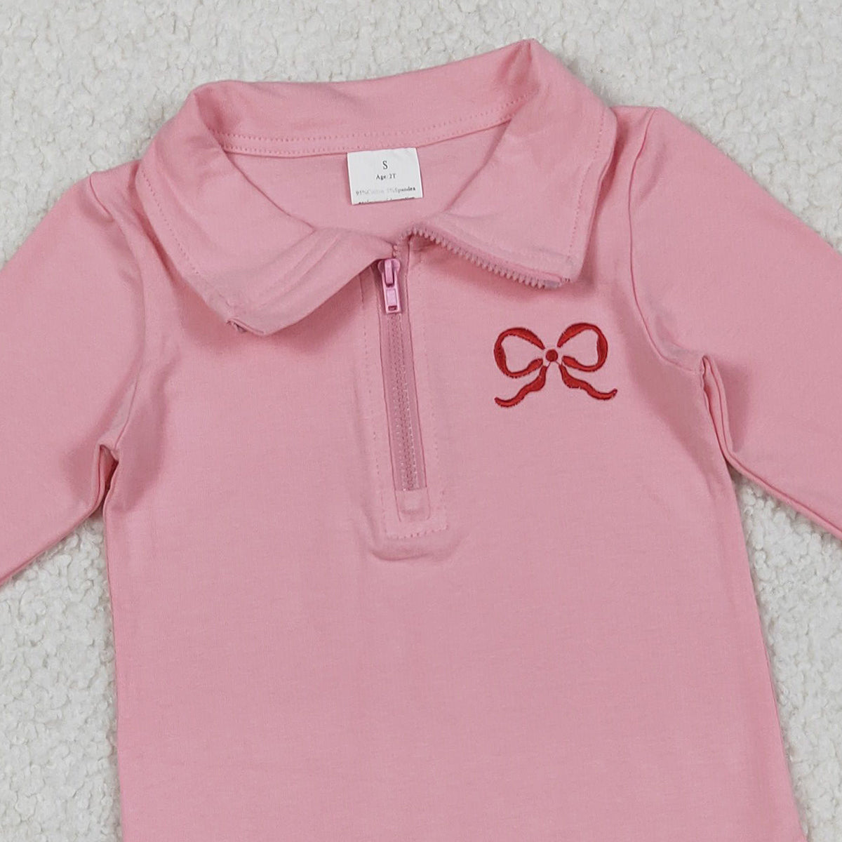 11.20 RTS NO MOQ （In stock）GT1270 Embroidery Bow Baby Girls Pink Long Ruffle Sleeve Zipper Valentines Pullovers Top