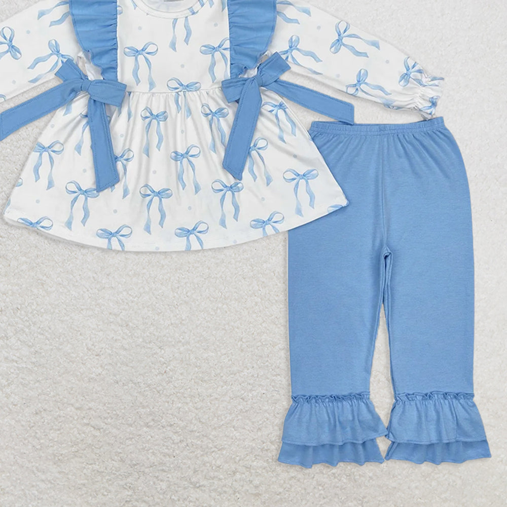 GLP2109 RTS NO MOQ Baby Girls Winter Outfits Light blue bow tunic ruffle pants girls clothing set