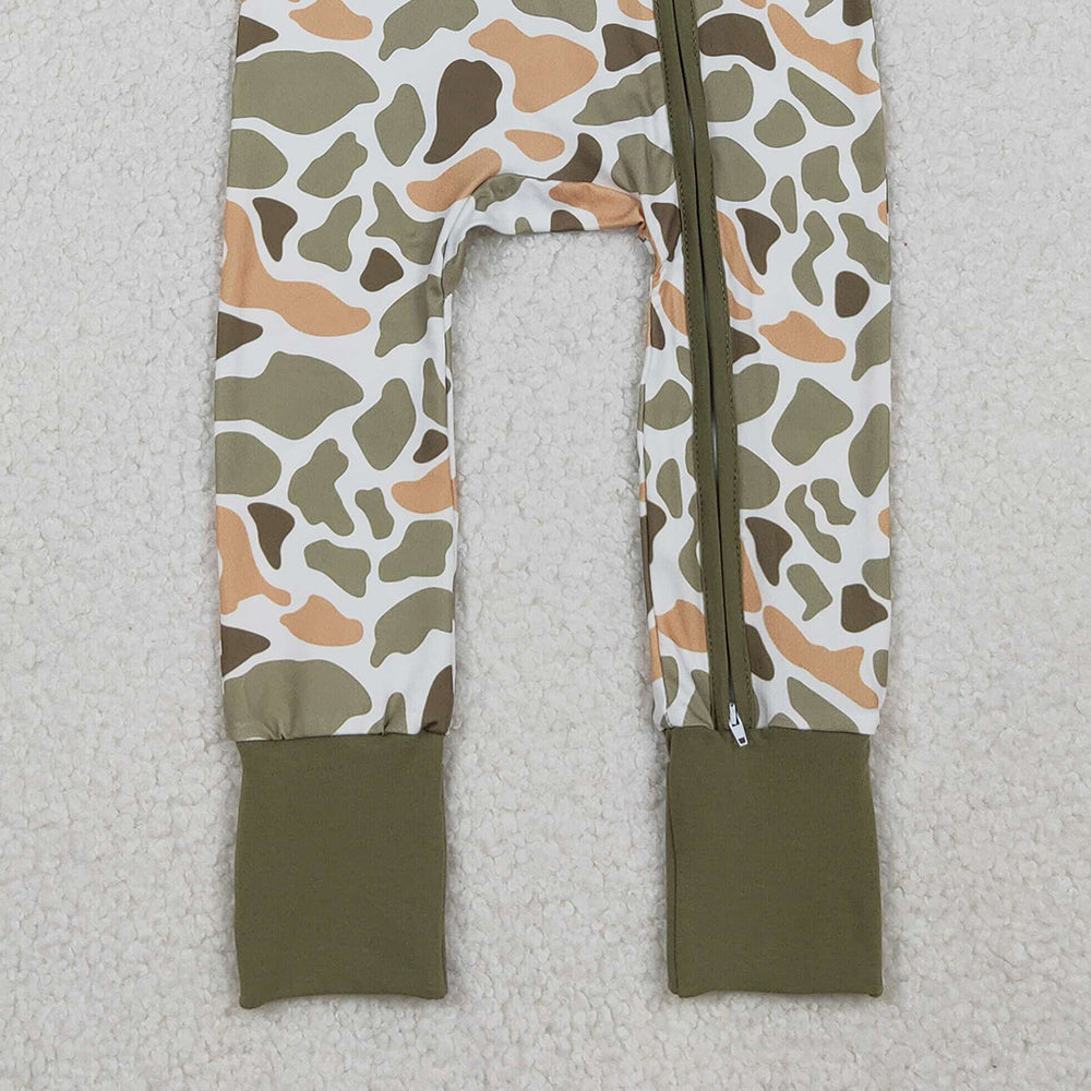 RTS NO MOQ （In stock）LR2578 Baby Boys Winter Rompers Green Yellow Camo Western Zipper Footie Rompers