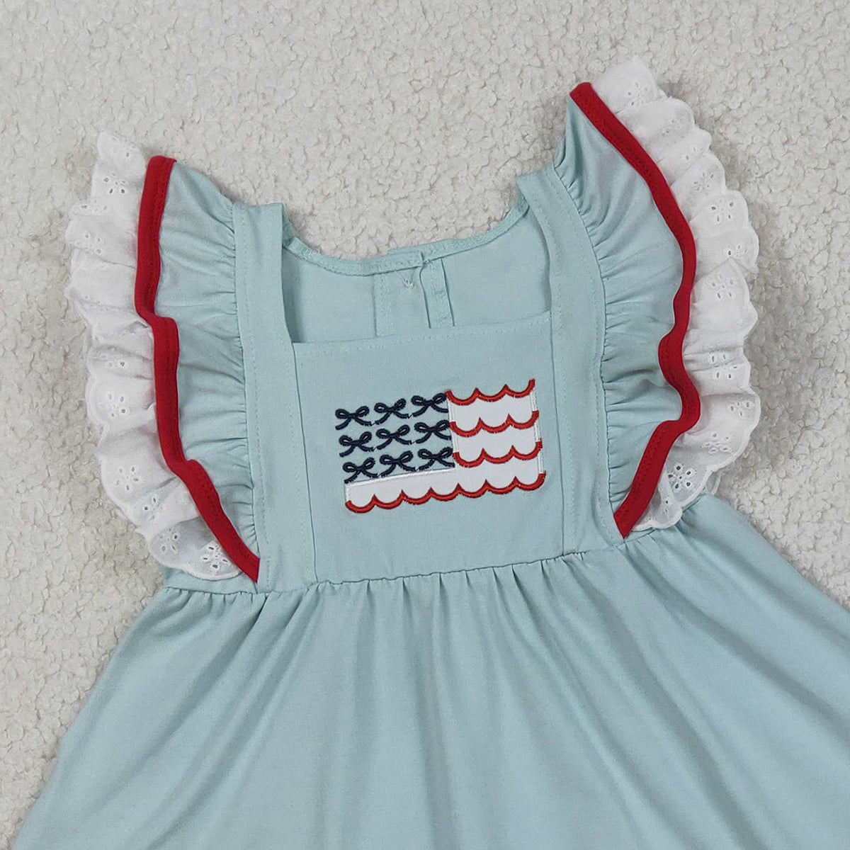 3.18 RTS NO MOQ （In stock）GSSO2926 Kids Clothing for Baby Girls Flutter Sleeve Embroidery Flags Tunic Ruffle Shorts 4th of July Clothes Sets