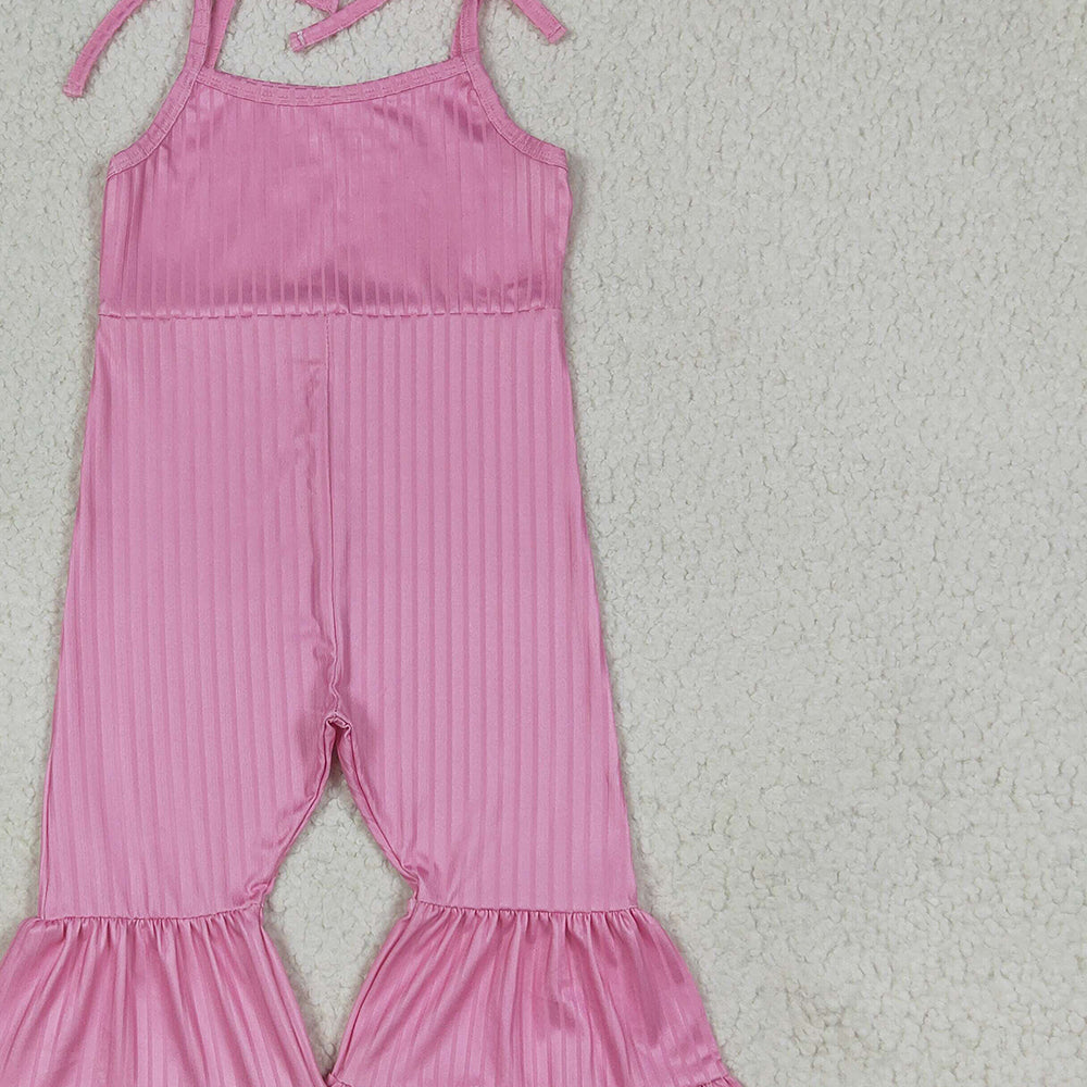 RTS NO MOQ （In stock）SR3156 Baby Girls Summer Jumpsuits Baby Girls Pink Strap Bell Bottom Ribbed Jumpsuits