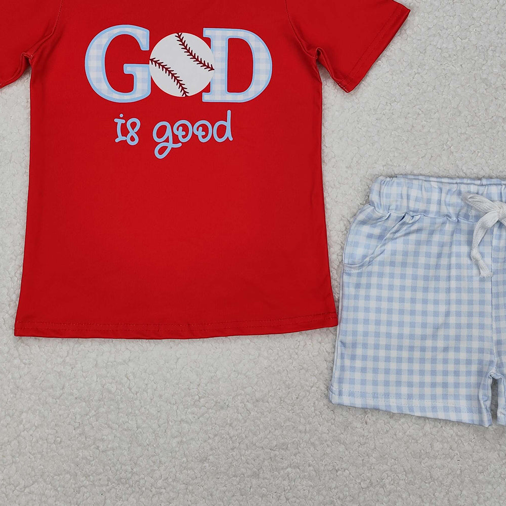 4.24 BSSO1248 RTS NO MOQ Red god is good baseball top plaid shorts boys clothes