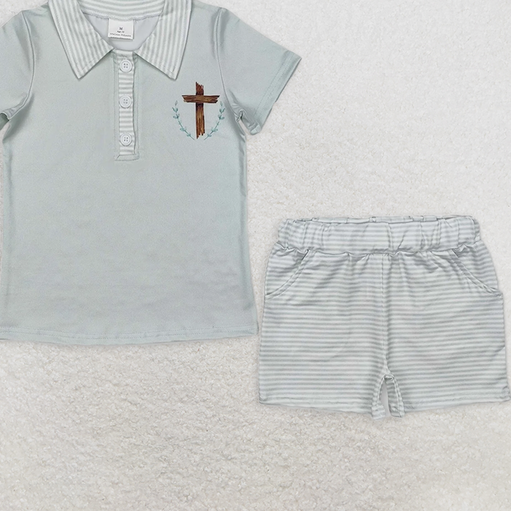 BSSO1025RTS NO MOQ Baby Boys Summer Boys Outfits Baby Boys Easter Cross Tee Shorts Clothes Sets