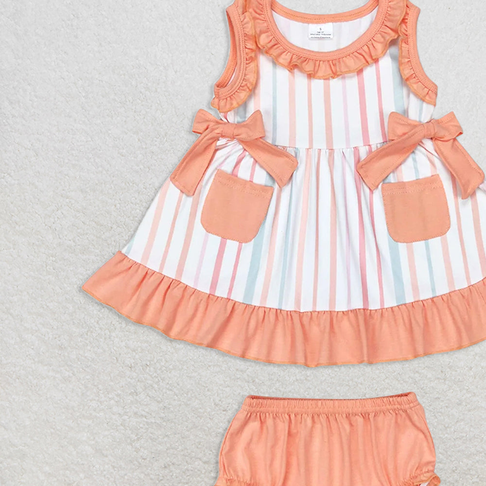 GBO0293RTS NO MOQ Baby Girls Summer Outfits  Baby Girls Orange Stripes Sleeveless Top Summer Bummies Clothes Sets