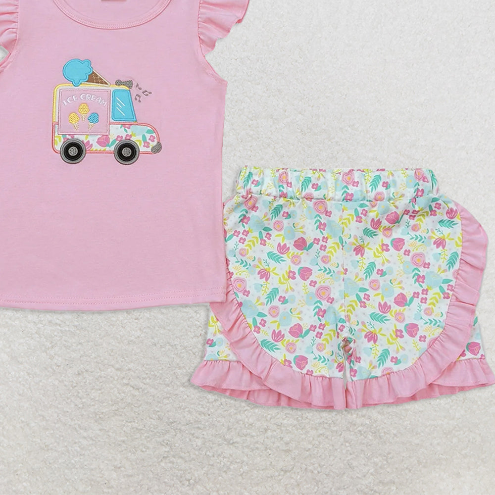 GSSO0644 RTS NO MOQ Baby Girls Summer Outfits Embroidered ice cream cart pink flying sleeves floral shorts set