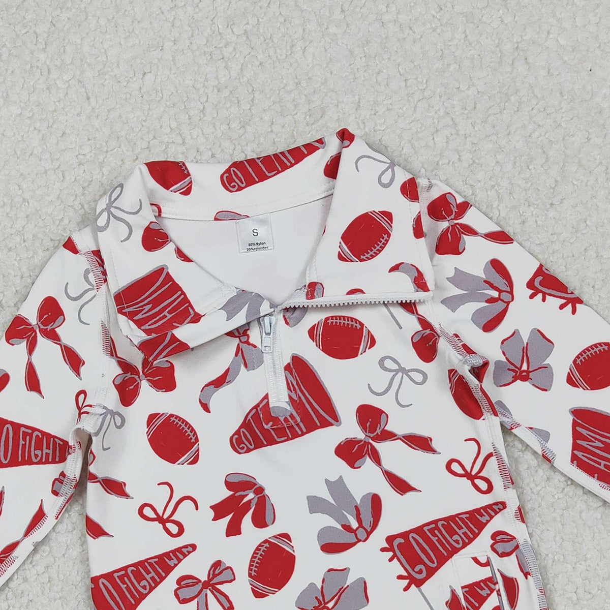 10.30 RTS NO MOQ （In stock）GT1198 Baby Girls Long Sleeve Tops Baby Girls Red Bows Footballs Go Team Yoga Active Zipper Pullovers Top
