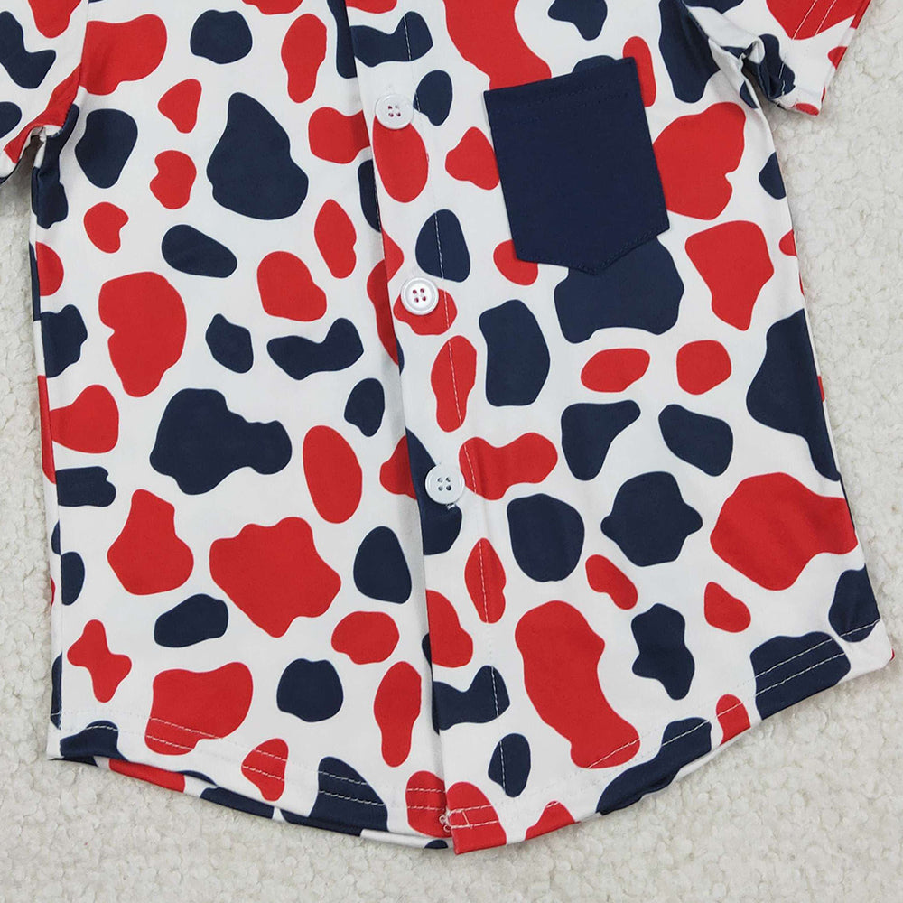 1.28 RTS NO MOQ （In stock）BT1656 Baby Boys Red Blue Cow Print 4th of July Button Pocket Shirts Top