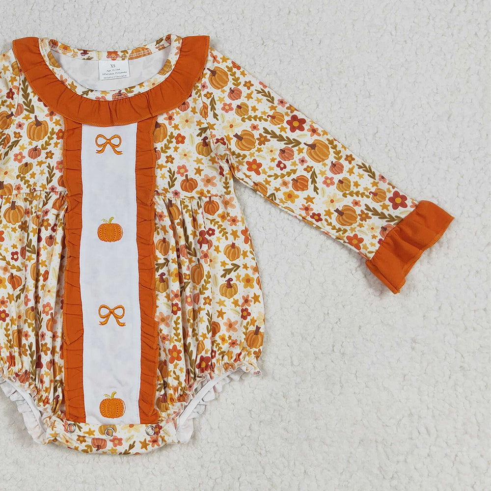 8.16  LR2228 RTS NO MOQ Baby Girls Winter Rompers Embroidery Baby Girls Long Sleeves Bows Pumpkins Floral Ruffle Rompers