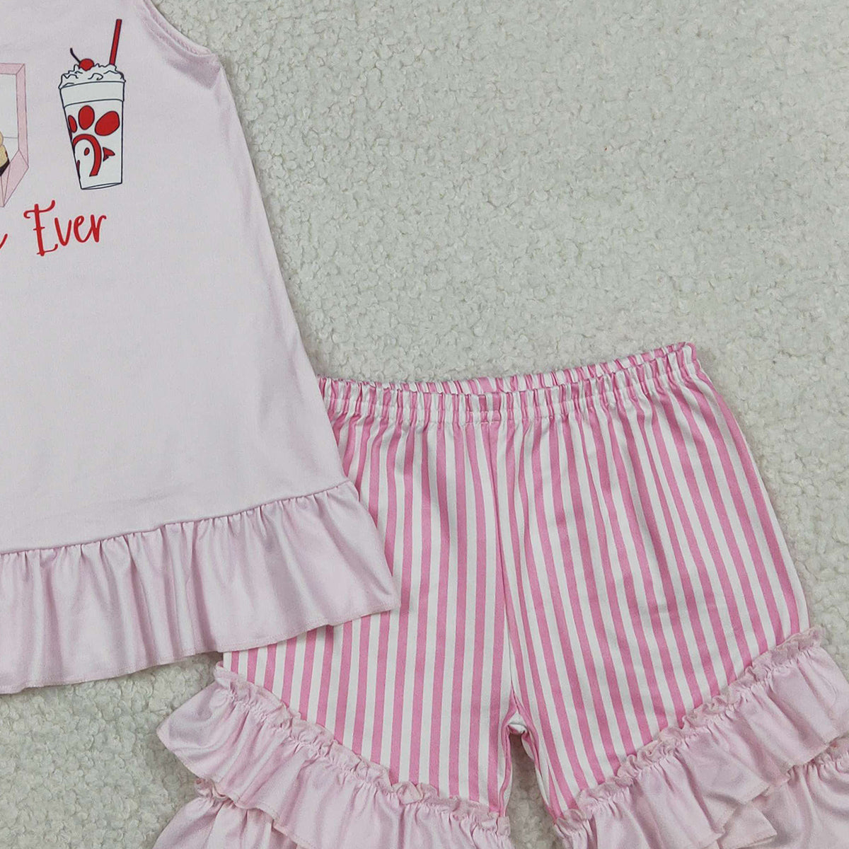 1.21 RTS NO MOQ （In stock）GSSO3008 Baby Girls Best Day Ever Chicken Tunic Stripe Ruffle Shorts Clothes Sets