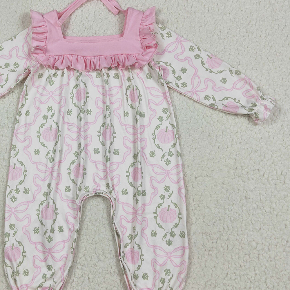 RTS NO MOQ （In stock）LR2255 Baby Girls Winter Rompers Baby Girls Long Ruffle Sleeves Pink Pumpkins Bows Plaid Pant Rompers
