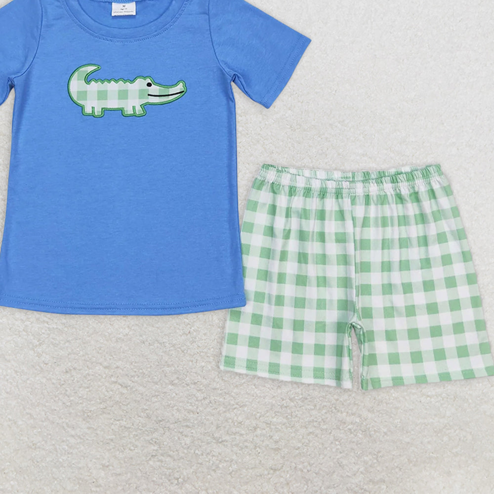 BSSO0736 RTS NO MOQ Baby Boys Summer Boys Outfits Baby Girls Crocodile Shirt Green Checkered Sibling Shorts Clothes Sets