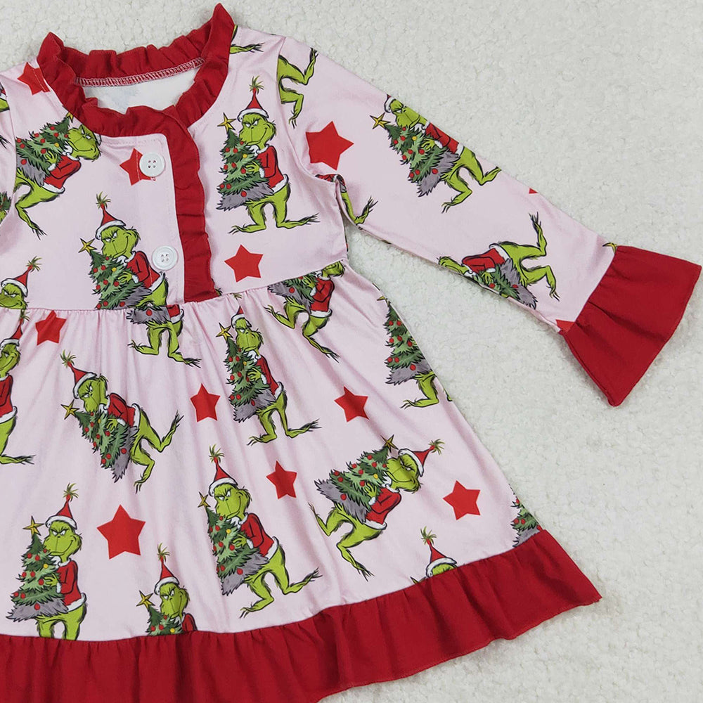 RTS NO MOQ （In stock）GLD1236 Baby Girls Winter Dress  Long Sleeve Christmas Night Dress Red Stars Green Face Festive Holiday Party Dress