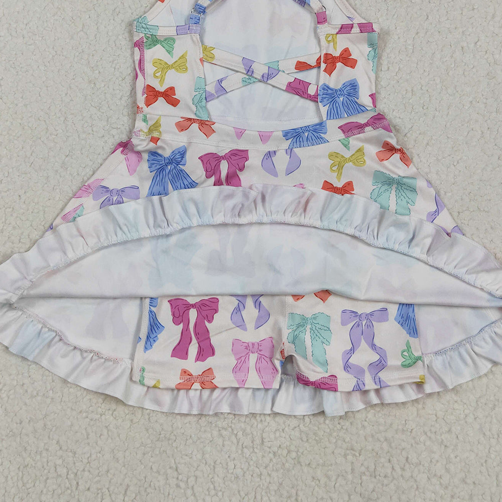 7.16 GSD2291 RTS NO MOQ Baby Girls Summer Yoga Dress Baby Girls Strap Colorful Bows Yoga Ruffle Knee Length Dresses