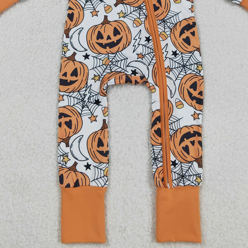 RTS NO MOQ （In stock）LR2528 Baby Boys Winter Rompers Spider Web Pumpkins Halloween Zipper Footie Rompers