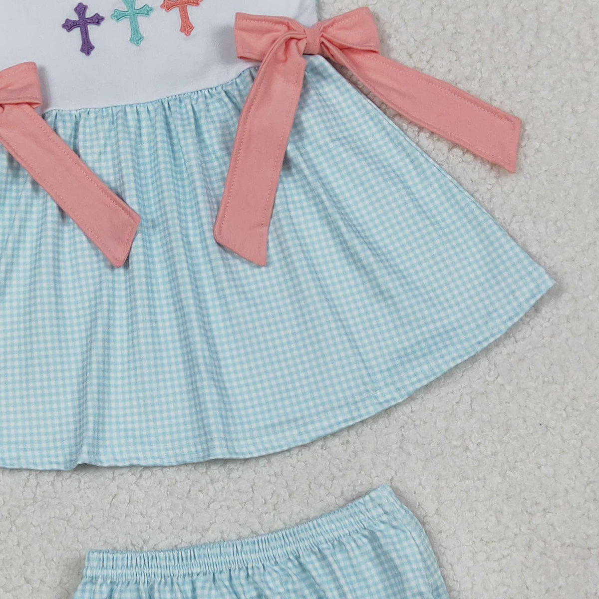 11.1 RTS NO MOQ （In stock）GBO0480 Baby Girls Summer Outfits Embroidery Crosses Baby Girls Bows Tunic Bummies Easter Clothes Sets