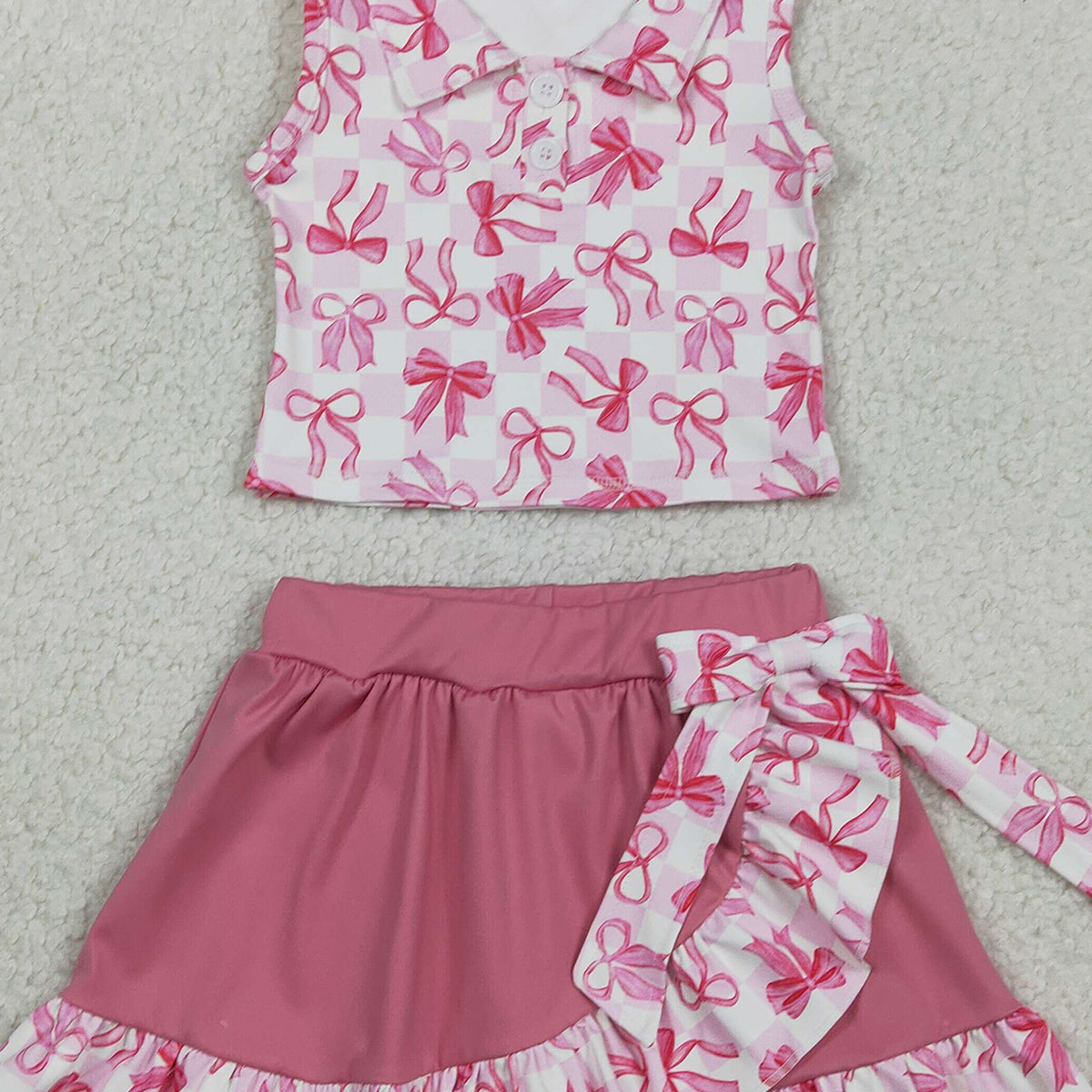 1.24 RTS NO MOQ （In stock）GSD3480 Baby Girls Bows Checked Button Top Ruffle Skirt Shorts Yoga Active Clothes Sets