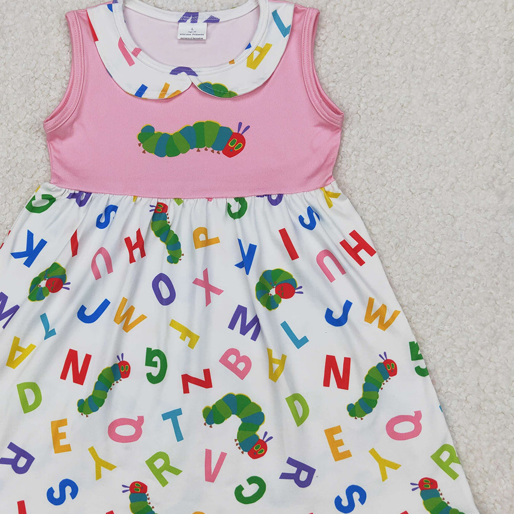 4.09 GSD2152 RTS NO MOQ Baby Girls Summer Dress Baby Girls Pink Sleeveless Letters Caterpillar Dress