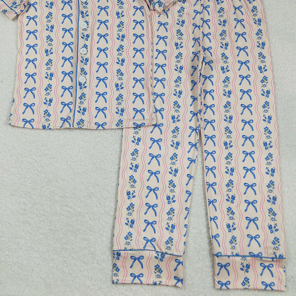 RTS NO MOQ （In stock）GSPO2051 Adult women's pajamas set Adult Women Blue Bows Flowers Stripe Button Top Pant Pajamas Set