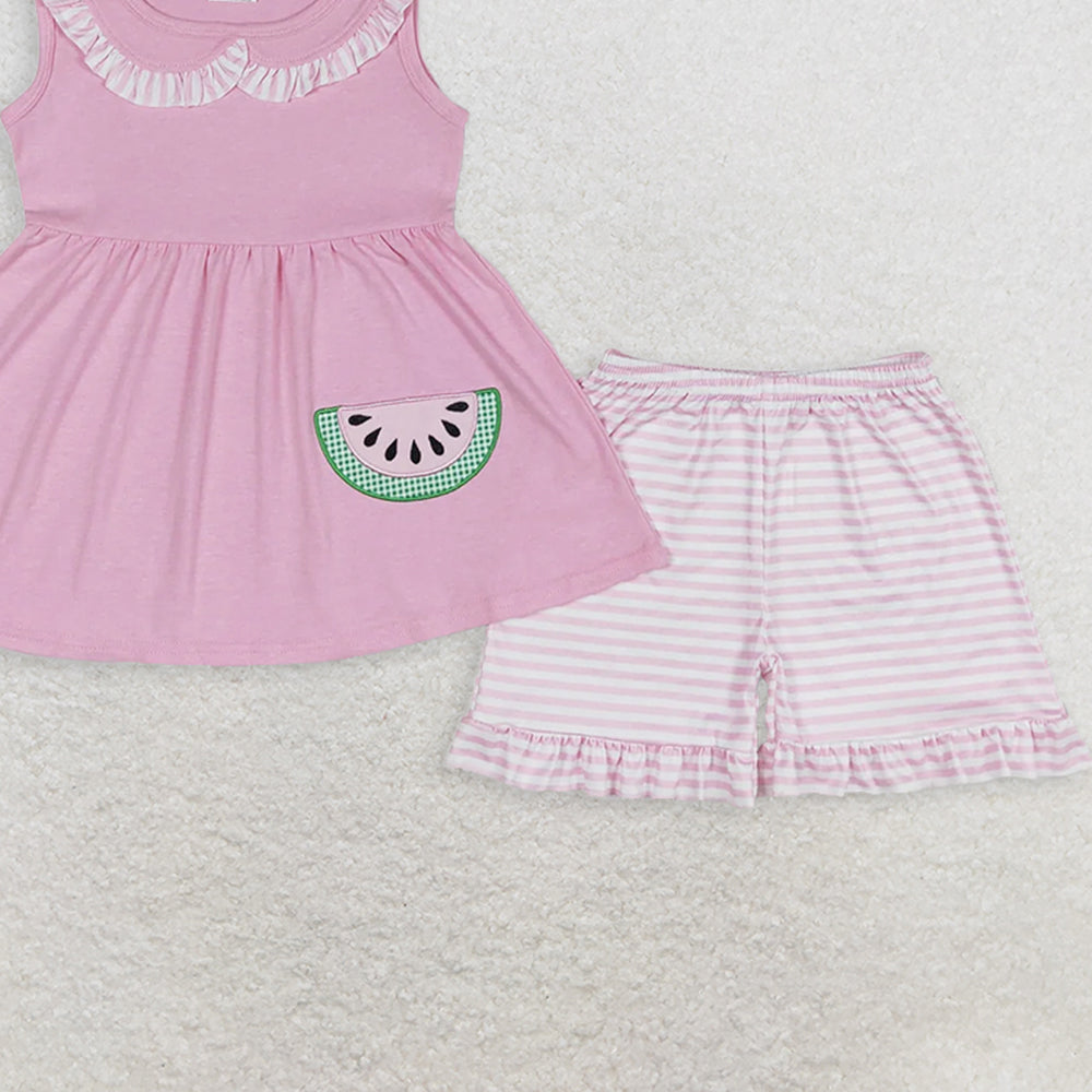 GSSO1055RTS NO MOQ Baby Girls Summer Outfits Embroidered watermelon striped lace doll collar pink sleeveless shorts suit
