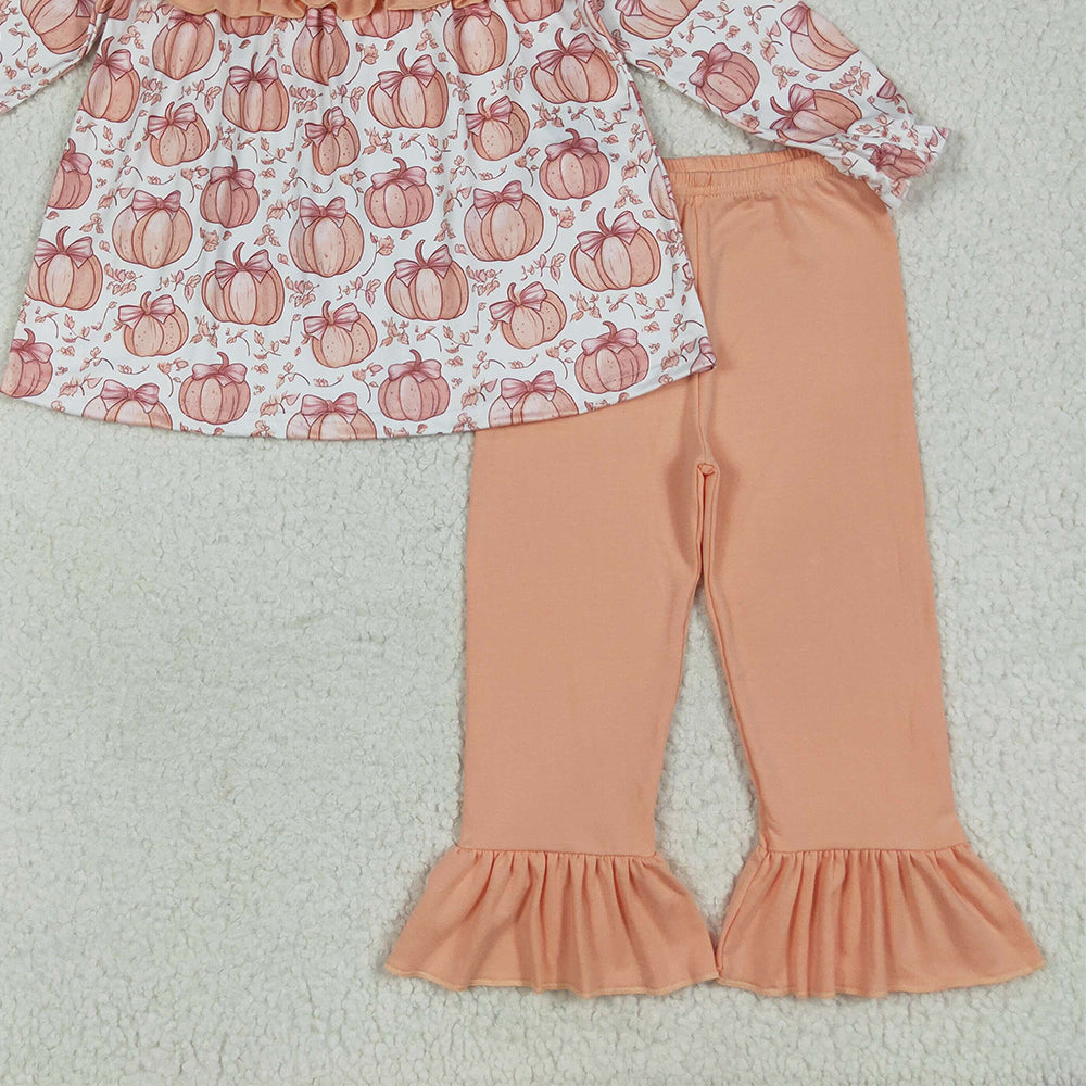 RTS NO MOQ （In stock） GLP2452  Baby Girls Winter Outfits Baby Girls Fall Bow Pumpkins Tunic Ruffle Pants Clothes Sets