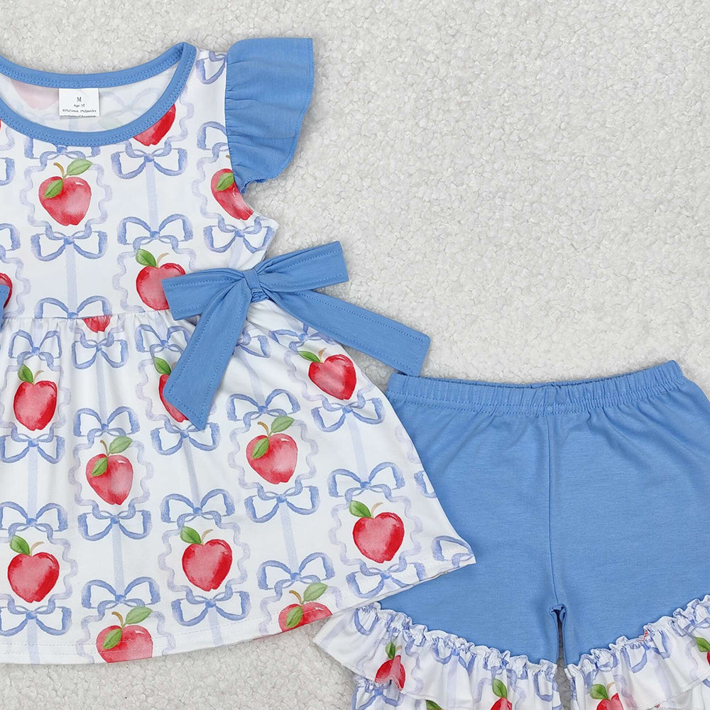 GSSO2114Kids Girls Apple Bow Flutter Sleeve Outfit Back to School Ensemble for Ages 2-12