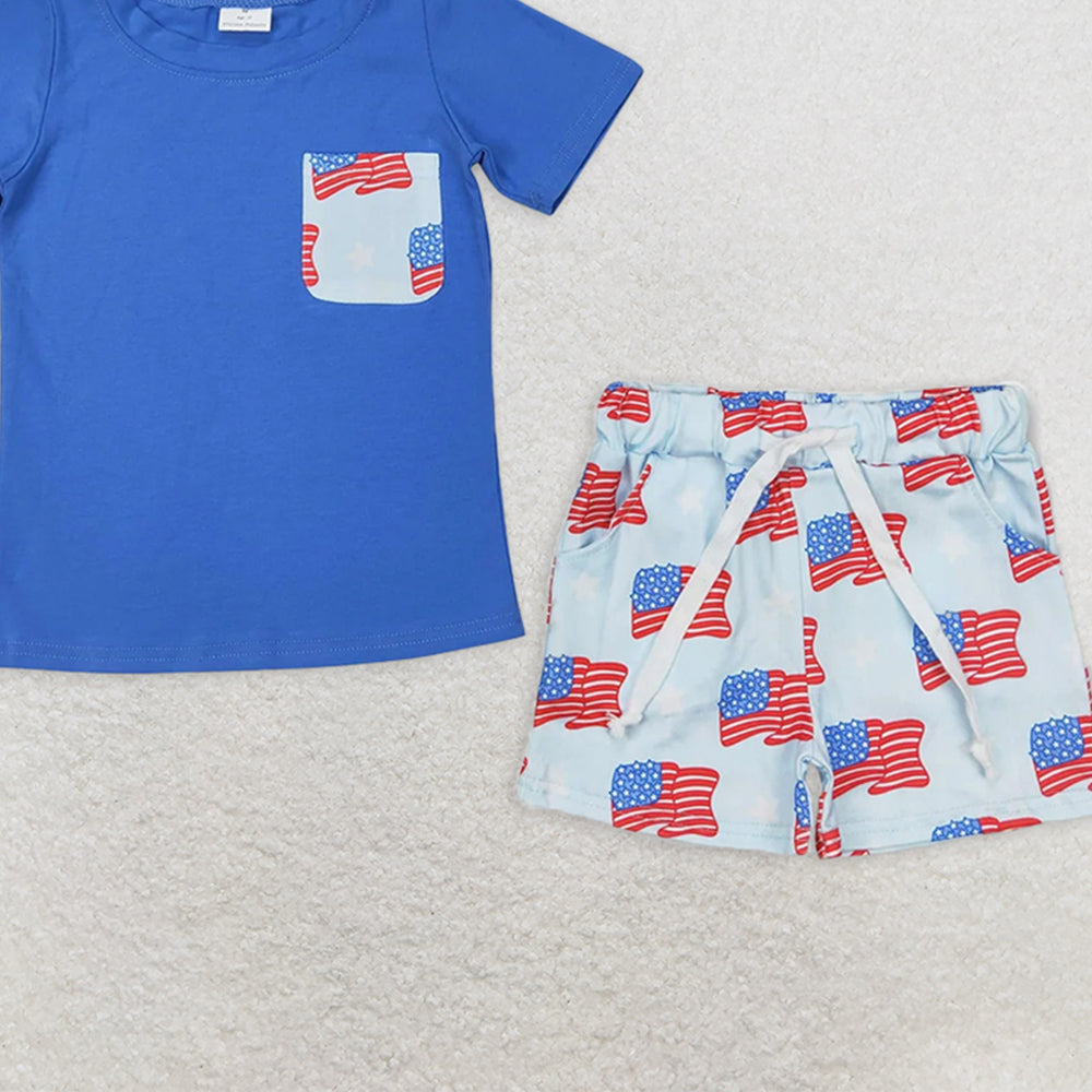 BSSO1258RTS NO MOQ Baby Boys Summer Boys Outfits Baby Boys 4th of July Themed Clothing Set with Flags Pocket Short Sleeve Shirt And Shorts Outfit for Infants