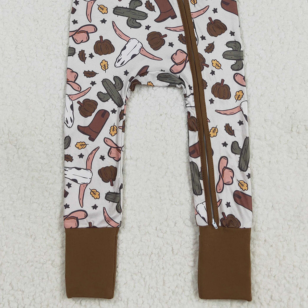 RTS NO MOQ （In stock）LR2334 Baby Boys Winter Rompers Baby Boys Western Brown Long Sleeves Bull Skull Cactus Zipper Rompers