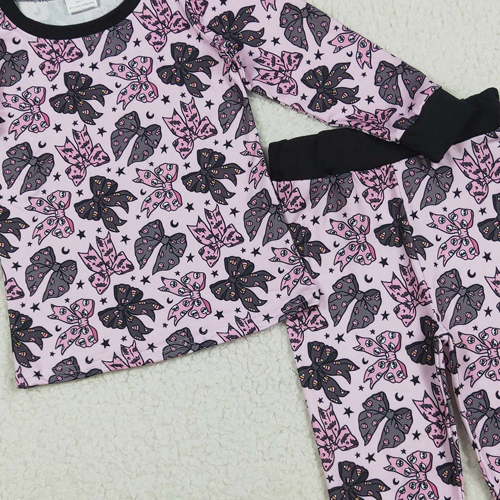 8.22 RTS NO MOQ （In stock）GLP2516 Baby Girls Winter Outfits Baby Girls Long Sleeves Black Pink Bows Stars Top Pant Pajamas Sets